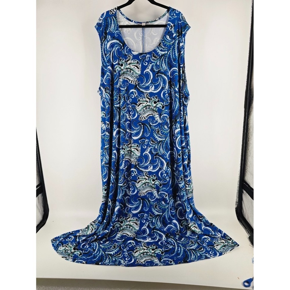Woman Within Size 34/36 4X Blue Multi Design Sleeveless Pockets Stretchy Dress